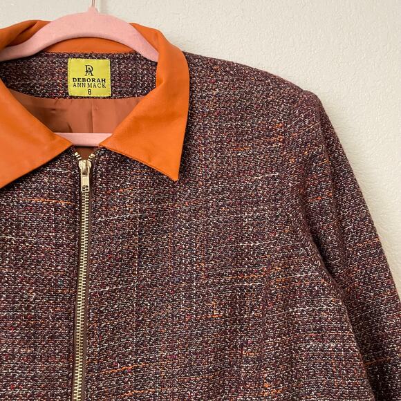 Deborah Ann Mack Jacket Womens Size 8 Red Orange Wool Tweed Leather Bomber Retro - Picture 7 of 16